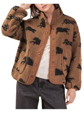 Sherpa Fleece Jacket Horse Print Mock Neck Button Women's